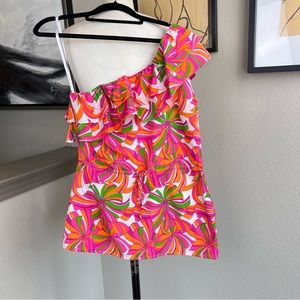 BRITT RYAN printed cotton silk blend one shoulder ruffle top
